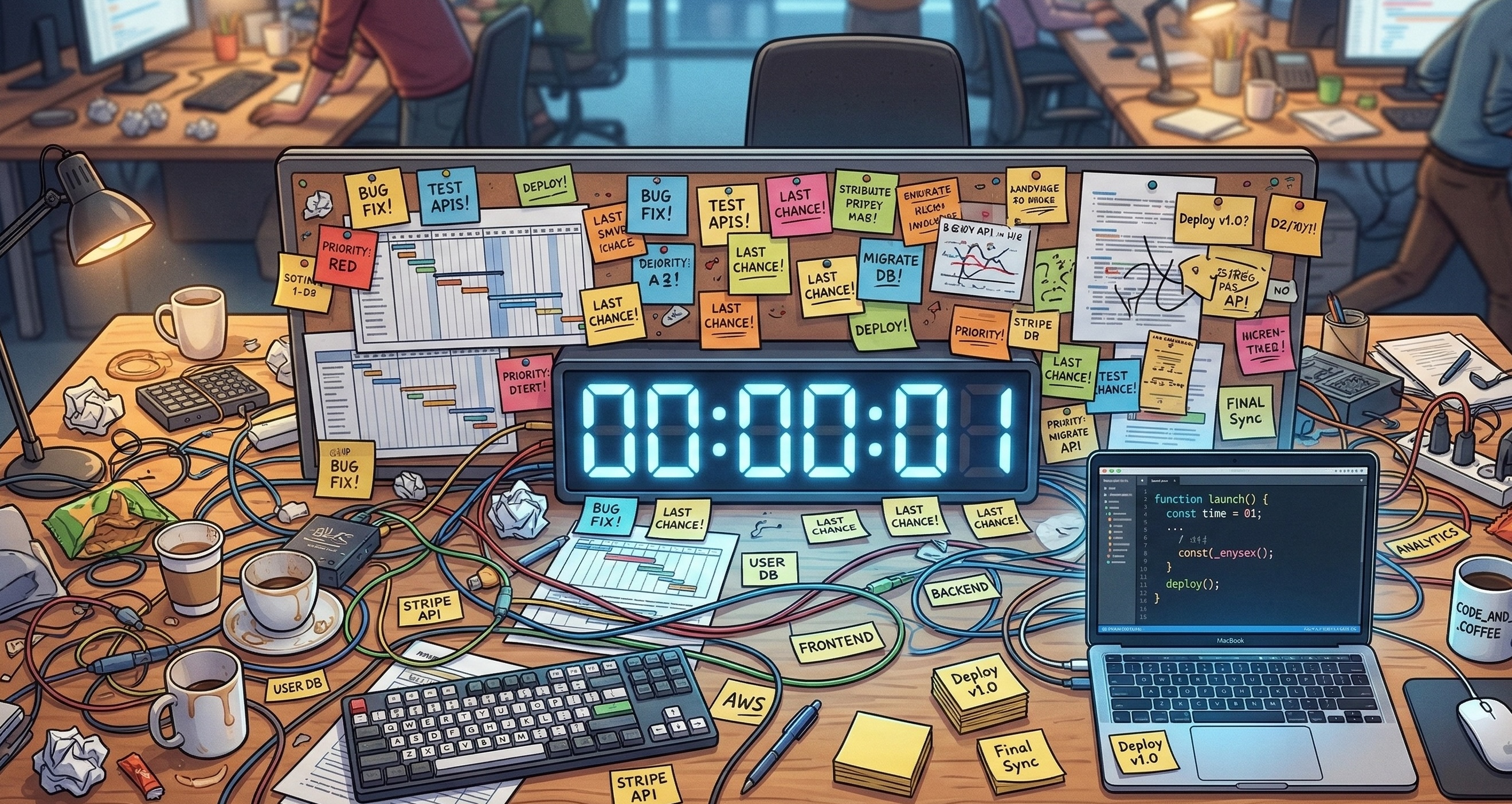 cluttered office desk with countdown clock, tangled cables and sticky notes contrasting against an organised laptop workspace, representing the tension between launch deadlines and technical quality