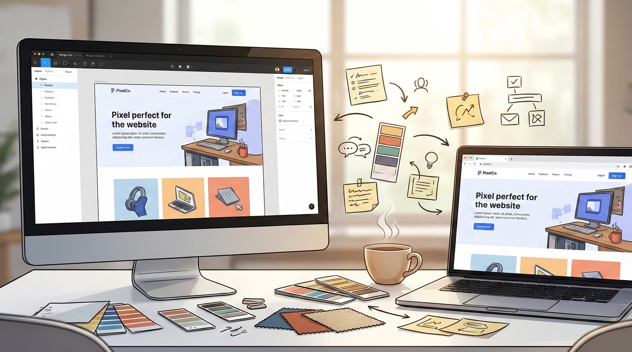 Split view of a website design in a mockup tool and the same design rendered in a browser, with collaborative notes and swatches between them representing the translation from design to development