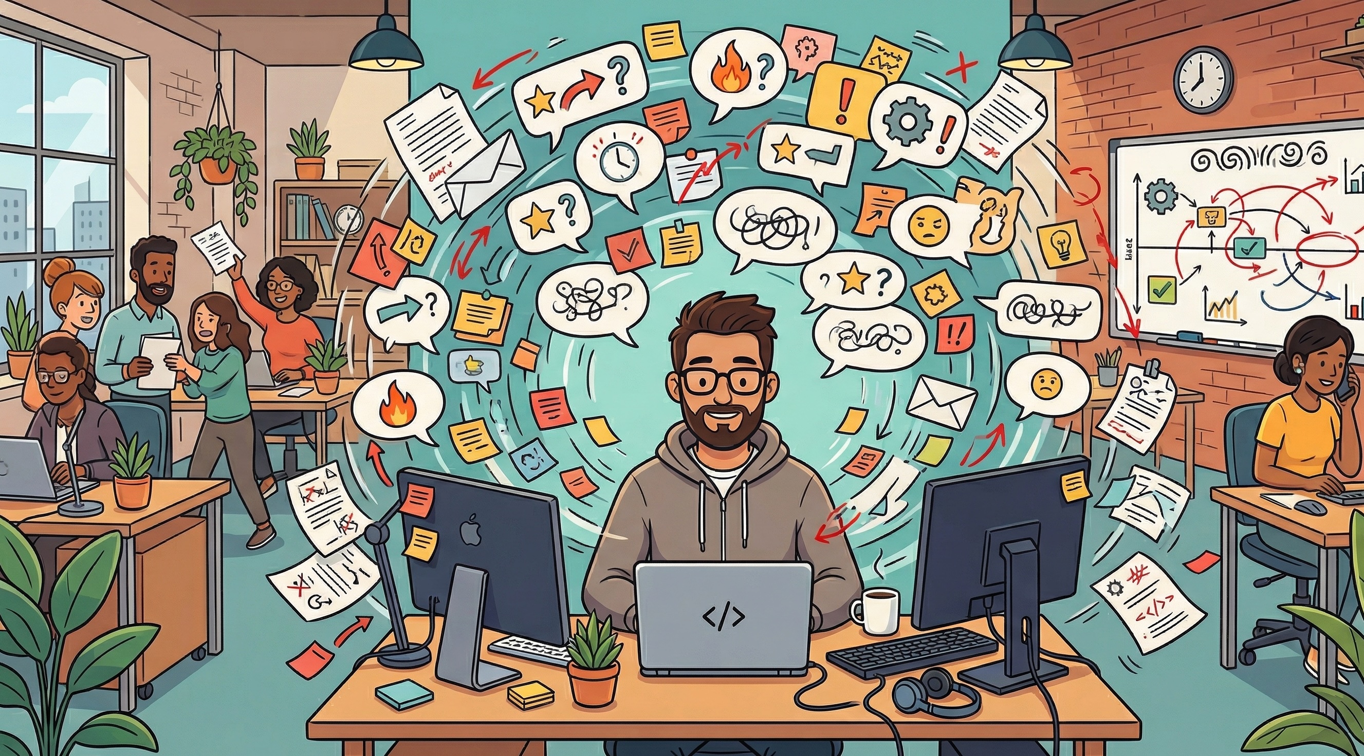Cartoon illustration of a developer at their desk surrounded by overlapping feedback, sticky notes and conflicting instructions from multiple directions