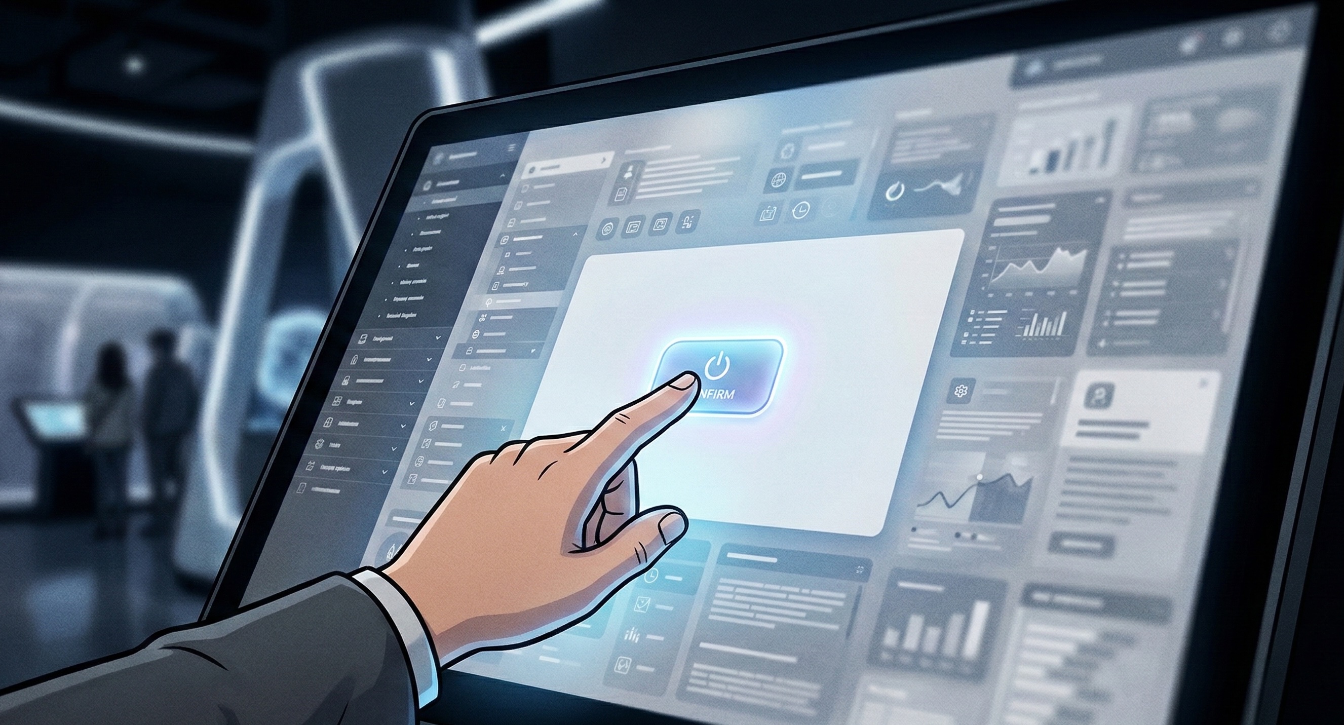 A hand touching a clean minimal interactive touchscreen with a single clear action at the centre, while complex interface elements fade into the background, representing focused simplicity in interactive design