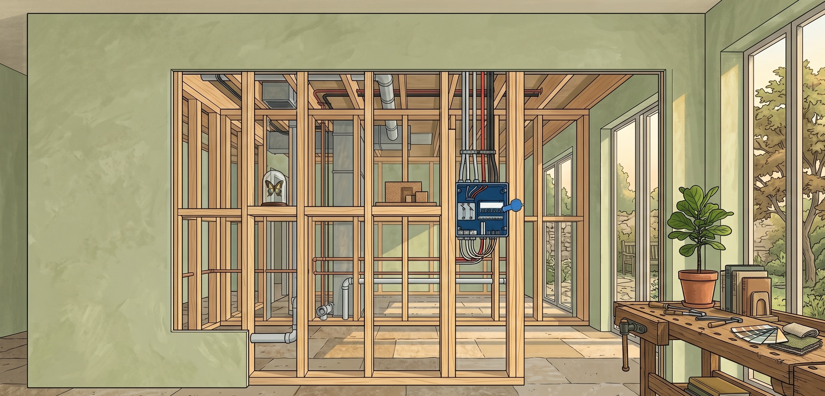 A wall opened during careful renovation to reveal neatly exposed structural framing, wiring and pipes, representing the software project scoping phase that uncovers what lies beneath a build