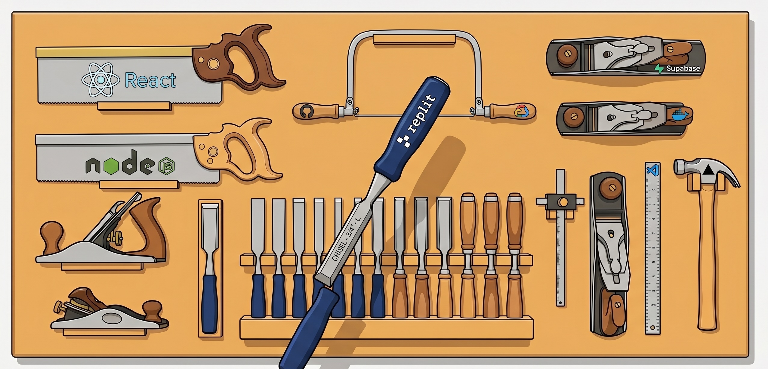 An organised workshop tool board holding a range of different hand tools with one deliberately selected, representing choosing the right technology for the job