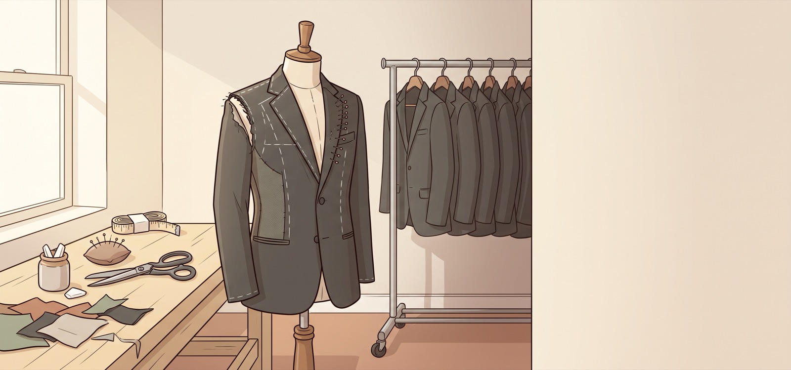 Illustration of a tailor's workroom: a charcoal jacket on a dress form mid-alteration, with chalk lines, pins along the lapel, an unpicked shoulder seam and a mismatched let-in panel, beside an unopened tape measure on the bench and a rack of identical ready-made jackets behind