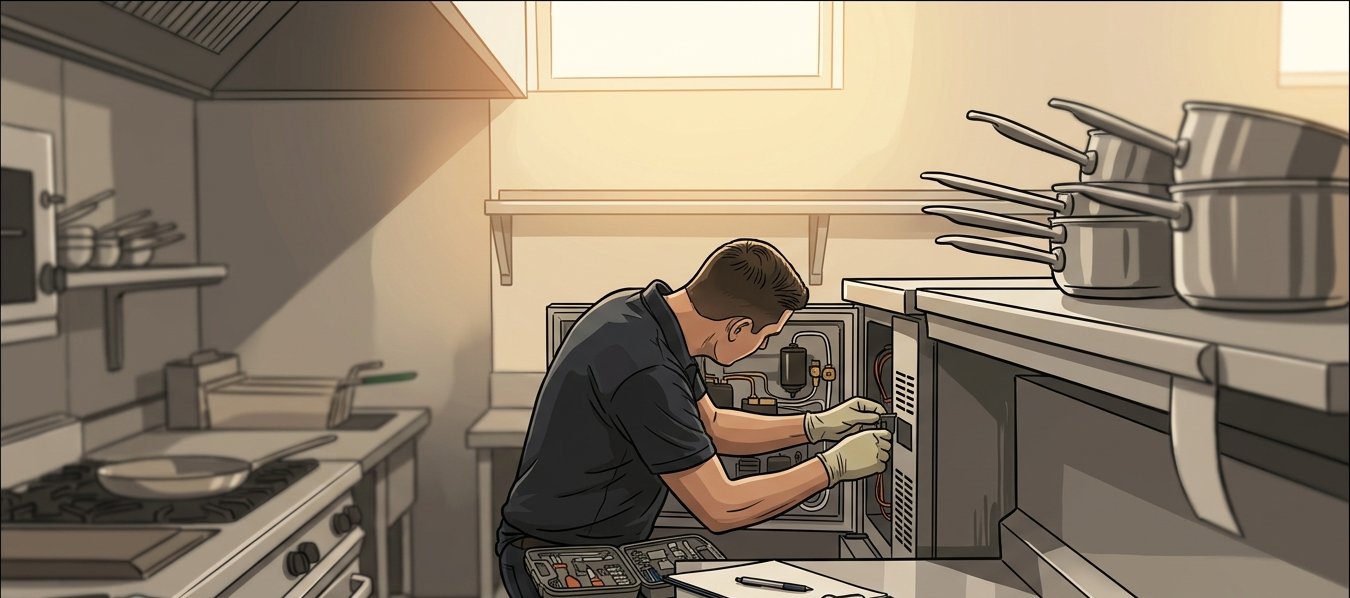 A commercial kitchen being serviced after opening, with equipment maintained and compliance paperwork on the bench, representing ongoing website maintenance costs after launch