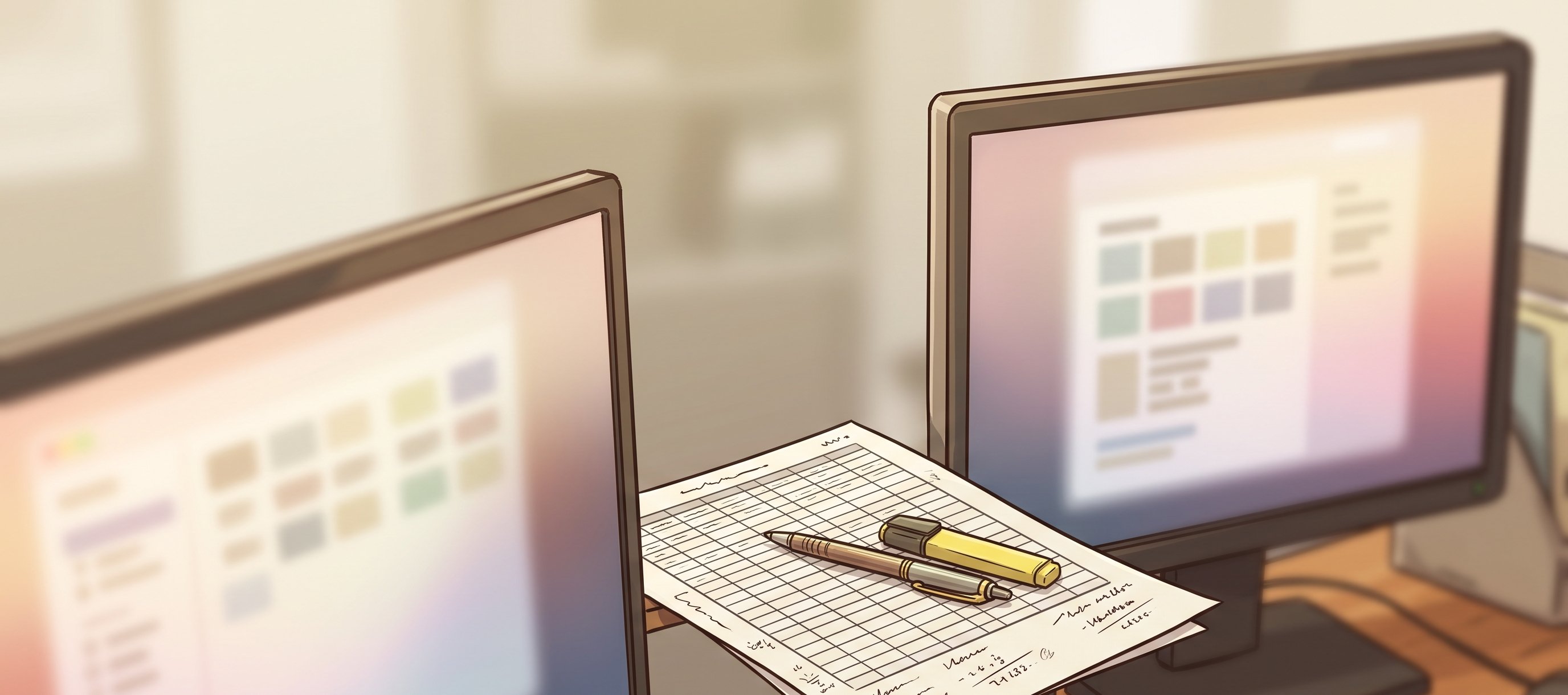 Two computer screens side by side on a desk with a printed spreadsheet between them, representing the manual work that fills the gap where business system integration is missing