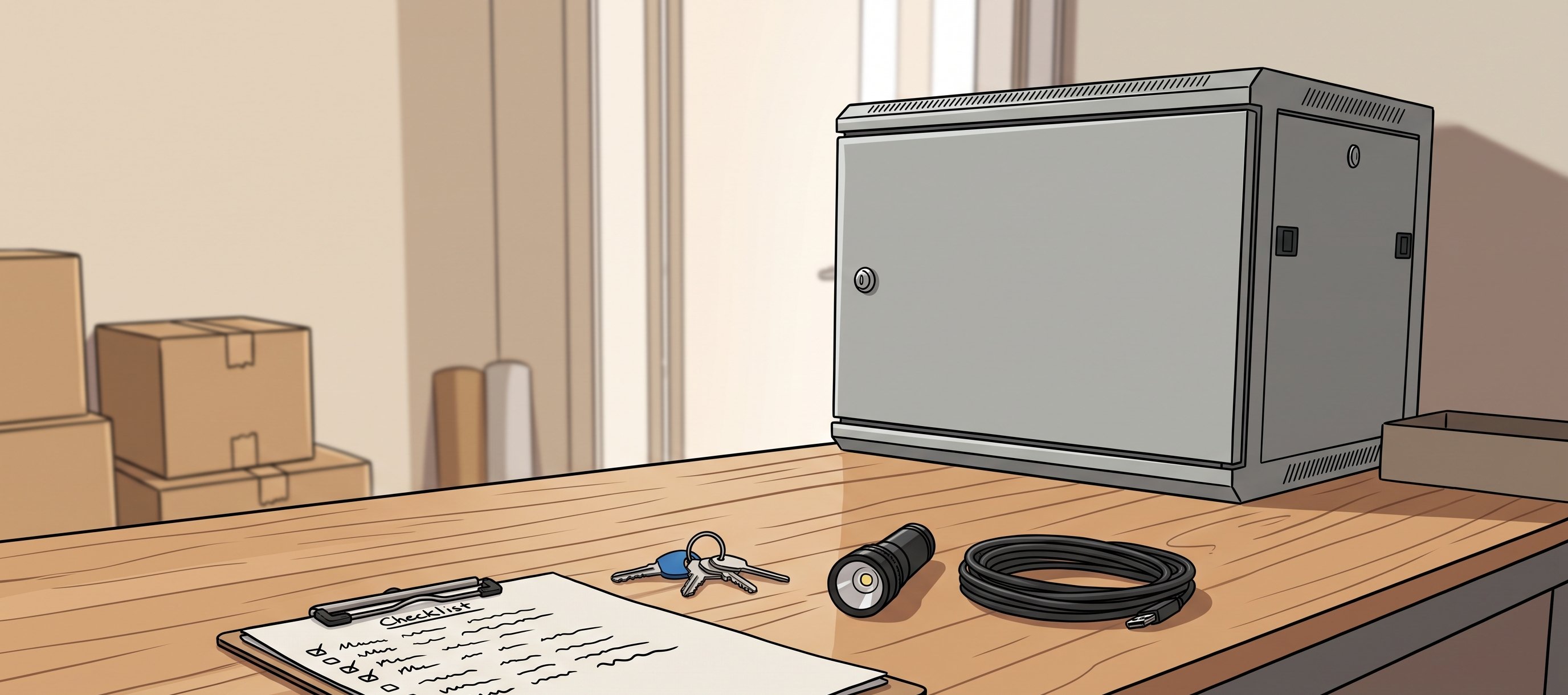 A maintenance checklist and keys on a workbench beside a secured server cabinet, representing the routine small business website security work that prevents incidents