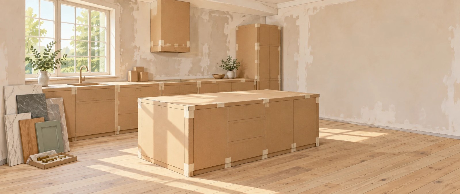 Illustration of a kitchen being planned in cardboard: plain cardboard mock-ups of cabinets, an island bench and a tall pantry taped together in position in a sunlit room, with polished stone and timber finish samples stacked unopened against the wall