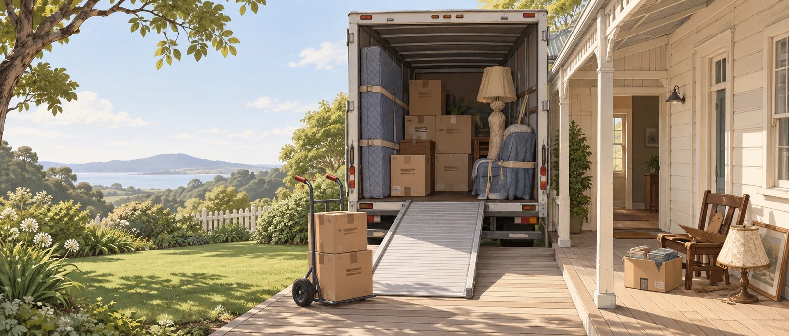 Illustration of a removal truck backed up to the verandah of a timber house, packed with labelled cardboard boxes and furniture wrapped in blankets, a hand trolley at the ramp and a small pile of items set aside to be left behind