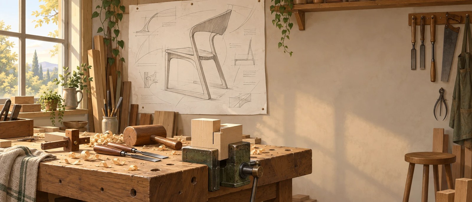 Illustration of a furniture maker's workshop: an elegant, ambitious chair design sketched on a large sheet pinned to the wall, and on the bench below a single trial joint cut from offcut timber, clamped and being tested, with hand tools and shavings around it