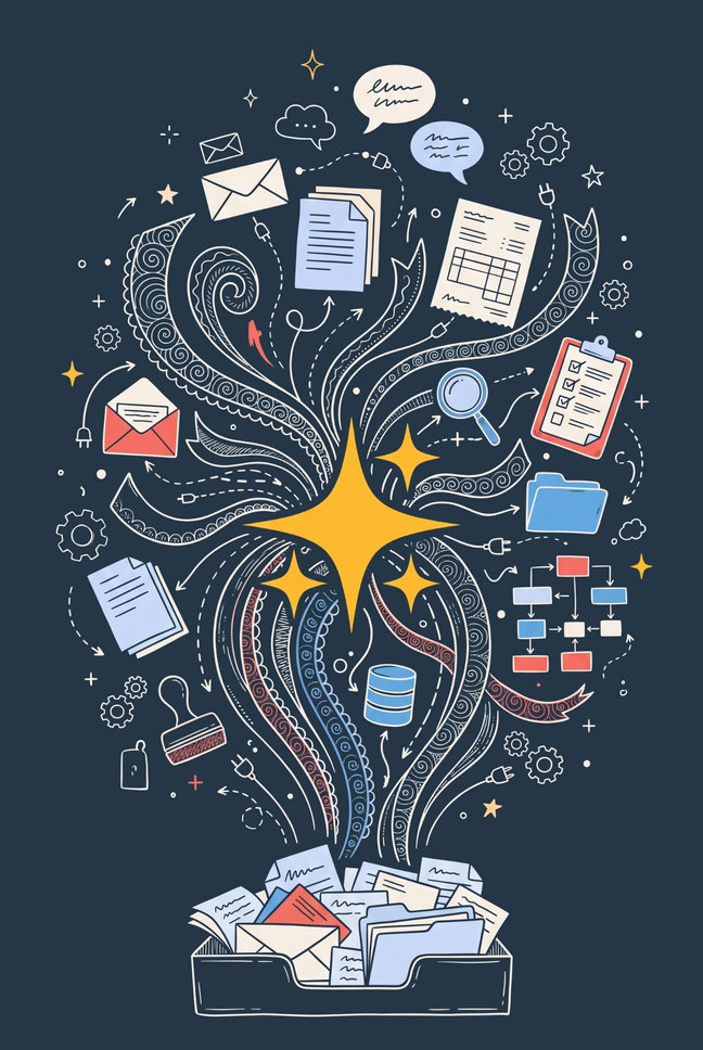 Doodle illustration of envelopes, documents, speech bubbles, a magnifying glass and a checklist swirling around a yellow AI sparkle and rising out of a desk in-tray piled with incoming paper