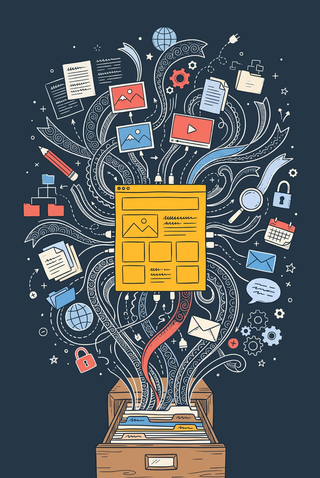 Doodle illustration of a page layout with text blocks, image frames, a pencil, a globe and stacked pages bursting out of an open filing cabinet drawer