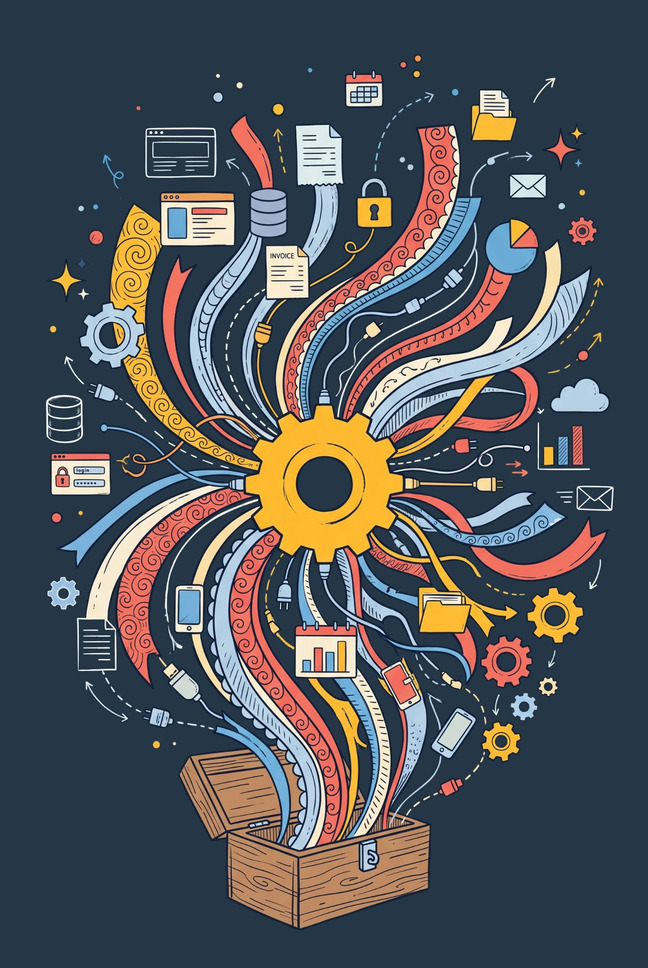 A yellow cog at the centre of a burst of ribbons and connectors, wired to business systems such as a database, invoices, a login, charts and email, rising out of an open wooden box